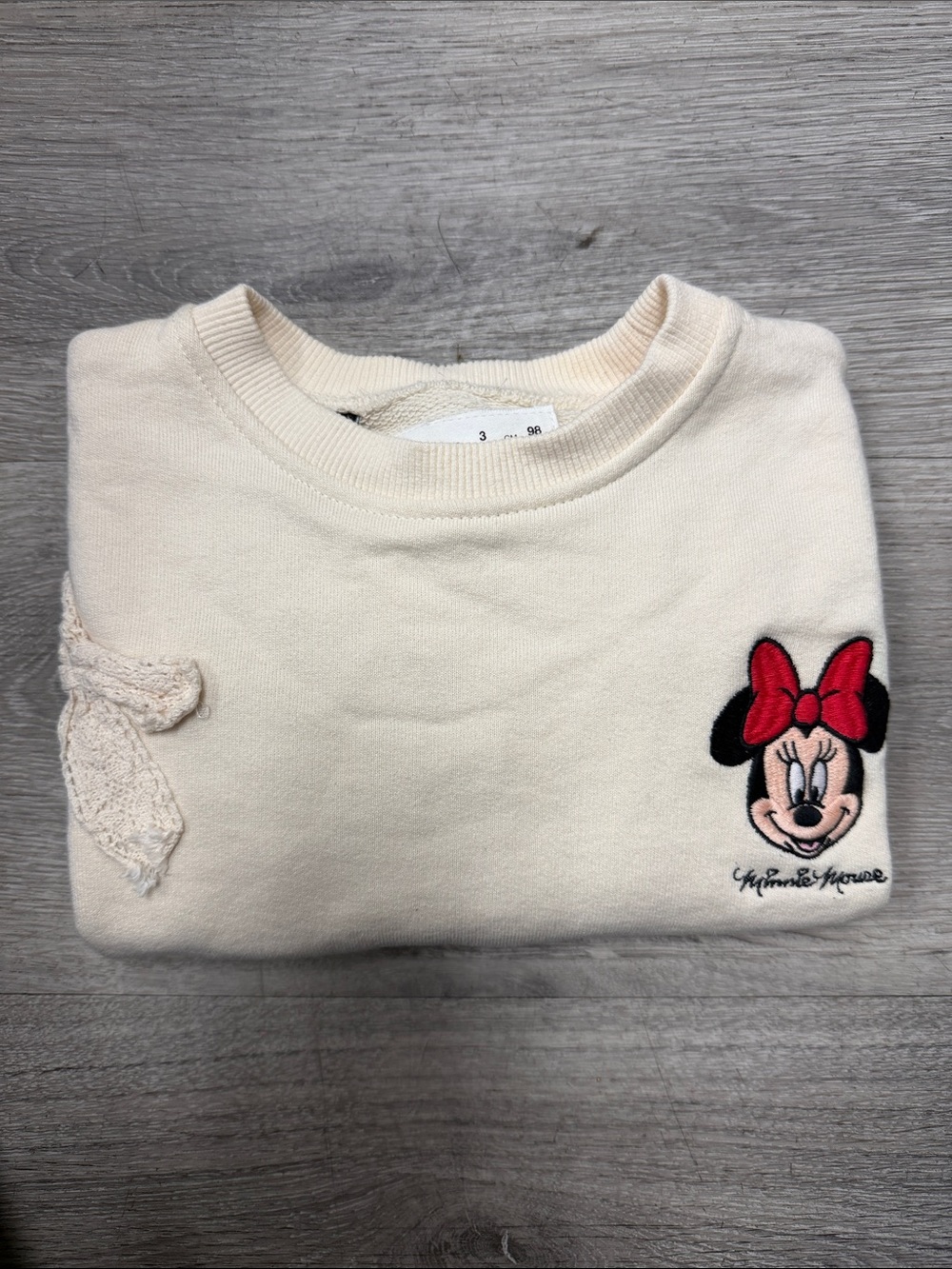 Zara Disney Cream Girls' Sweatshirt with Minnie Patch and Lace Bows